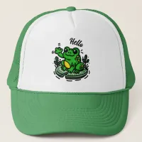 Hello | Frog on Lily Pad Hand Drawn Trucker Hat