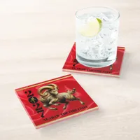 Stunning Red Gold Chinese Year of Fire Goat 2027 Glass Coaster