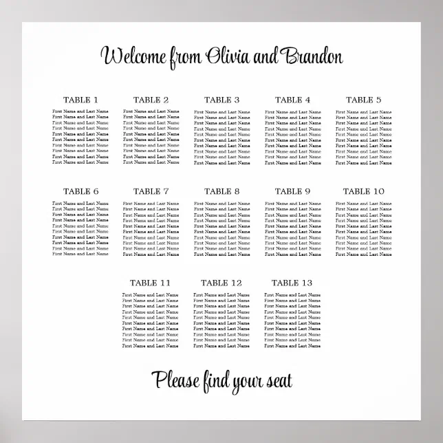 Stylish 13 Table Wedding Seating Chart Poster