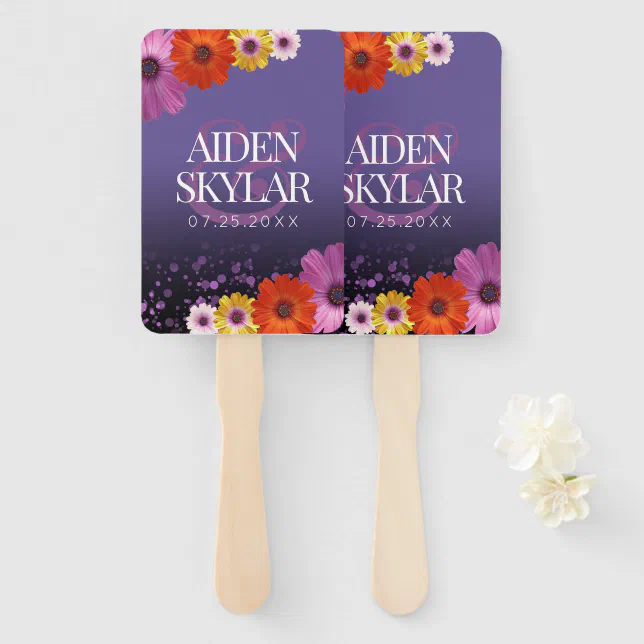 Elegant Daisies with Purple Glitter Wedding Hand Fan