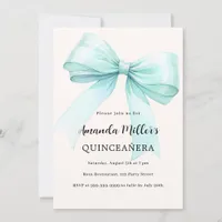Teal green bow cream elegant Quinceanera Invitation