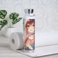 Cute Anime Girl Holding a Boba Tea Water Bottle