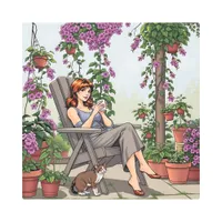 Pretty Woman Drinking Coffee, Her Dog and Plants Metal Print