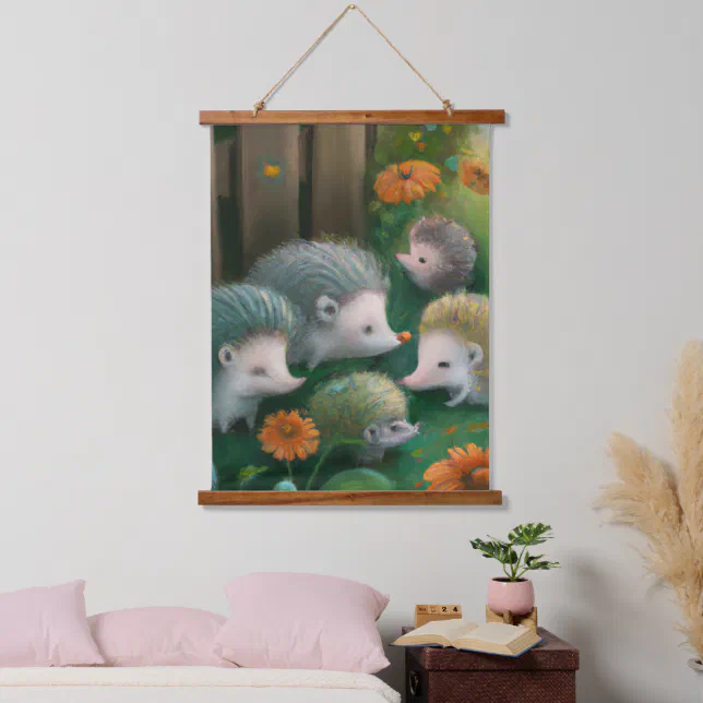 Whimsical Hedgehog Family Picnicking in the Garden Hanging Tapestry