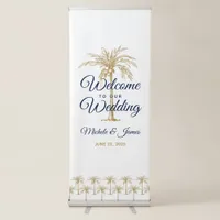 Navy Blue Gold Palm Trees White Wedding Welcome Retractable Banner