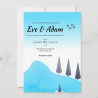 Blue Pine Snowy Watercolor Winter Wedding Invitation
