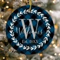 Blue Buffalo Plaid Monogram Wreath Christmas Ceramic Ornament