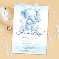 Cute Watercolor Blue Elephant Boy Baby Shower Invitation