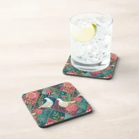 Elegant Doves Pink Floral & Gold Geometric Plastic Beverage Coaster