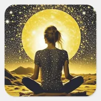 Woman Medicating by Full Moon on Starry Night Square Sticker