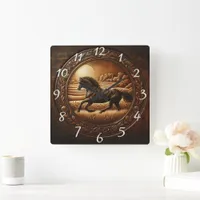 Black Horse Running Through Fields at Sunset Square Wall Clock