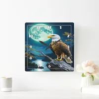 Eagle Perched On Rock Beneath Full Moon Square Wall Clock