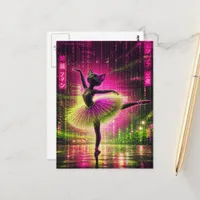 A neon ballet cat in the cyberpunk city  postcard