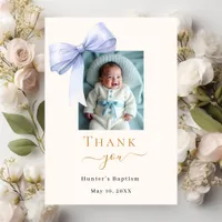Baptism blue bow photo cream boy thank you card