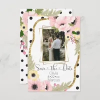 Pink Yellow Poppy Save the Date Floral Photo Invitation