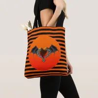 Halloween Goth Orange Heart & Bat Wings Tote Bag