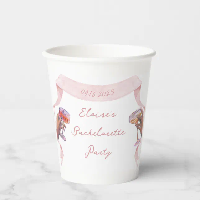 Elegant Toast - Custom Bachelorette Pink Ribbon Paper Cups