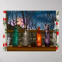 Glass Bottles in Window full of Raindrops Poster