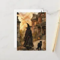 Autumn Witch and Her Black Cat Walk on Path Postcard