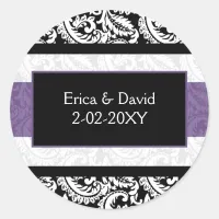 Black and Purple Damask Wedding Classic Round Sticker