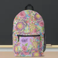 Whimsical Bohemian Colorful Flowers on Purple Printed Backpack