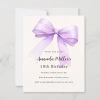 Lavender bow cream elegant birthday invitation