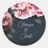 Chic Pink Peony Couples Names Wedding Envelope Classic Round Sticker