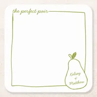 Whimsical & Chic Personalized Funny Pear Wedding  Square Paper Coaster