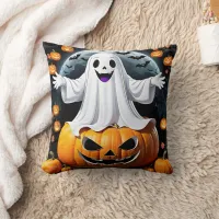 Cheerful ghost among pumpkins on Halloween night Throw Pillow