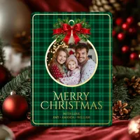 Christmas Modern Tartan Green Plaids Family Photo Foil Holiday Card