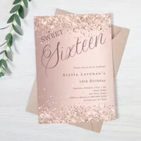 Rose gold script glitter Sweet 16 Invitation
