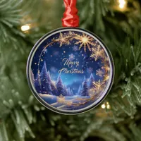 Magical Christmas time - golden snowflakes on blue Metal Ornament