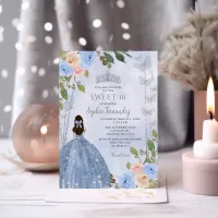 Dusty Blue Silver Floral Princess Sweet 16 Invitation