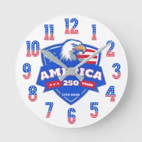America 250 Bald Eagle Shield 1776–2026 Patriotic  Round Clock