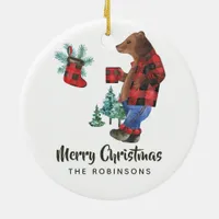 Fun Buffalo Plaid Lumberjack Bear Christmas Photo Ceramic Ornament
