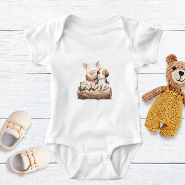 A Hog, Frog, & Dog on a Log! Cute Baby Animals  Baby Bodysuit