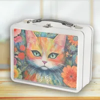 Whimsical Floral Quilted Cat Monogram Metal Lunch Box