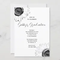 Black and White Sunflowers Graduation Party Invitation