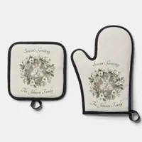 Cute Rabbits in a Floral Winter Wreath Oven Mitt & Pot Holder Set