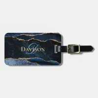 Monogram Navy Blue Gold Agate Geode Stylish Luggage Tag