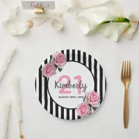 21st birthday black stripes pink florals classic paper plates