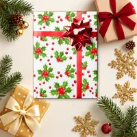 Festive White Holly Red Ribbon Christmas Wrapping Paper