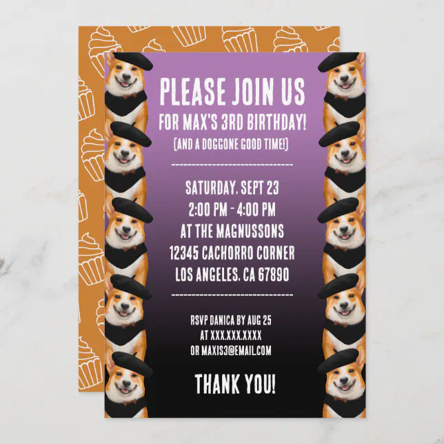 Cute Chic Corgi Dogs Happy Birthday Invitation