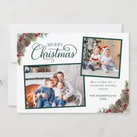 Elegant Script Christmas Botanical 2 Photo Green Holiday Card