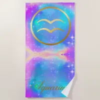 Zodiac Sign Aquarius Gold on Colorful Background | Beach Towel