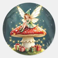 Sweet Little Christmas Fairy on Mushroom Classic Round Sticker
