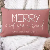 Modern Merry And Married First Christmas Pink Lumbar Pillow