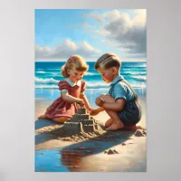 Children Building a Sandcastle on the Beach  Poster