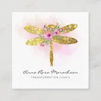 *~* Floral Watercolor Gold Pink Peach Dragonfly  Square Business Card