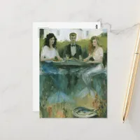 Two Surreal Mermaids and a Man at Dinner Painting Postcard